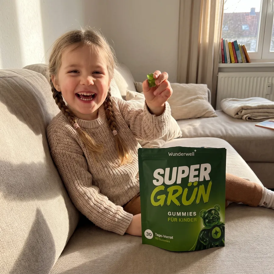Ein Mädchen auf dem Sofa hält ein grünes Gummibärchen hoch, daneben die Supergrün Packung